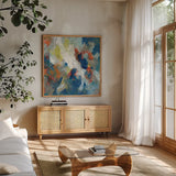Levee by Danhui Nai. Shown in a natural wood frame in a cozy modern living room. Available as an archival giclee rolled canvas, fine art paper, or poster print. SKU 79285a.