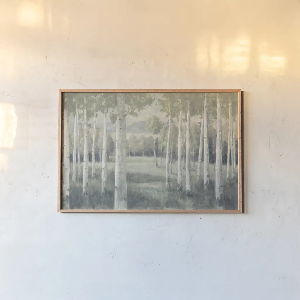 Light Aspens by Danhui Nai. shown as a paper print in a natural frame. Available as a archival giclee rolled canvas, fine art paper, or poster print. SKU 72455i.