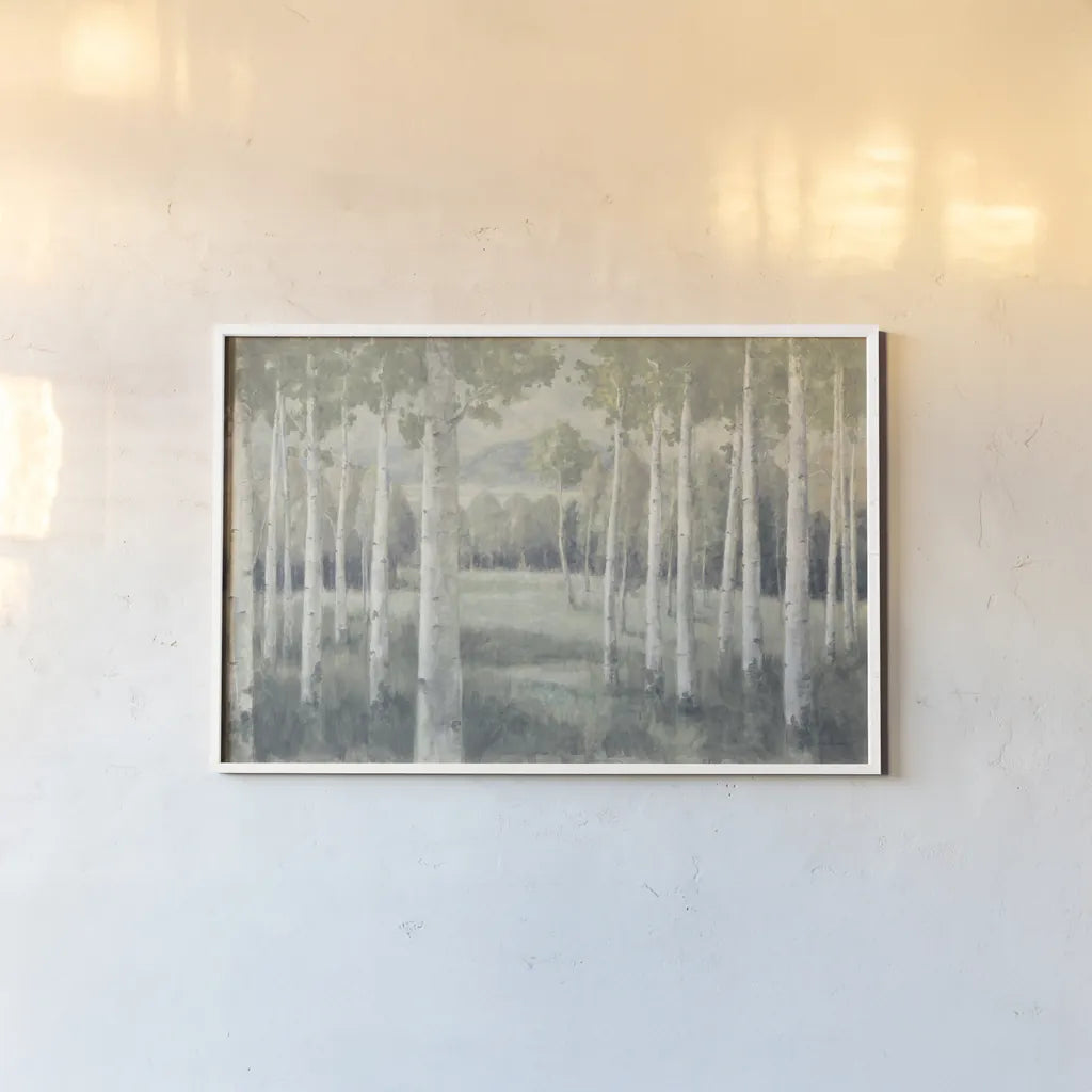Light Aspens by Danhui Nai. shown as a paper print in a white frame. Available as a archival giclee rolled canvas, fine art paper, or poster print. SKU 72455i.