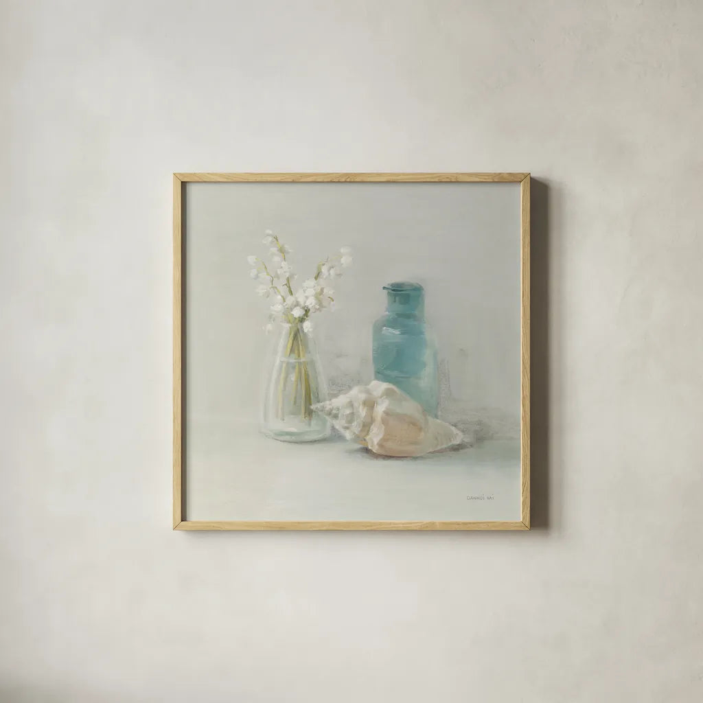 Light Lily of the Valley Spa by Danhui Nai. Shown in a natural wood glass frame for a timeless modern aesthetic. Available as an archival giclee rolled canvas, fine art paper, or poster print. SKU 54157a.