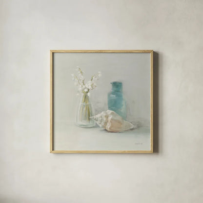 Light Lily of the Valley Spa by Danhui Nai. Shown in a natural wood glass frame for a timeless modern aesthetic. Available as an archival giclee rolled canvas, fine art paper, or poster print. SKU 54157a.