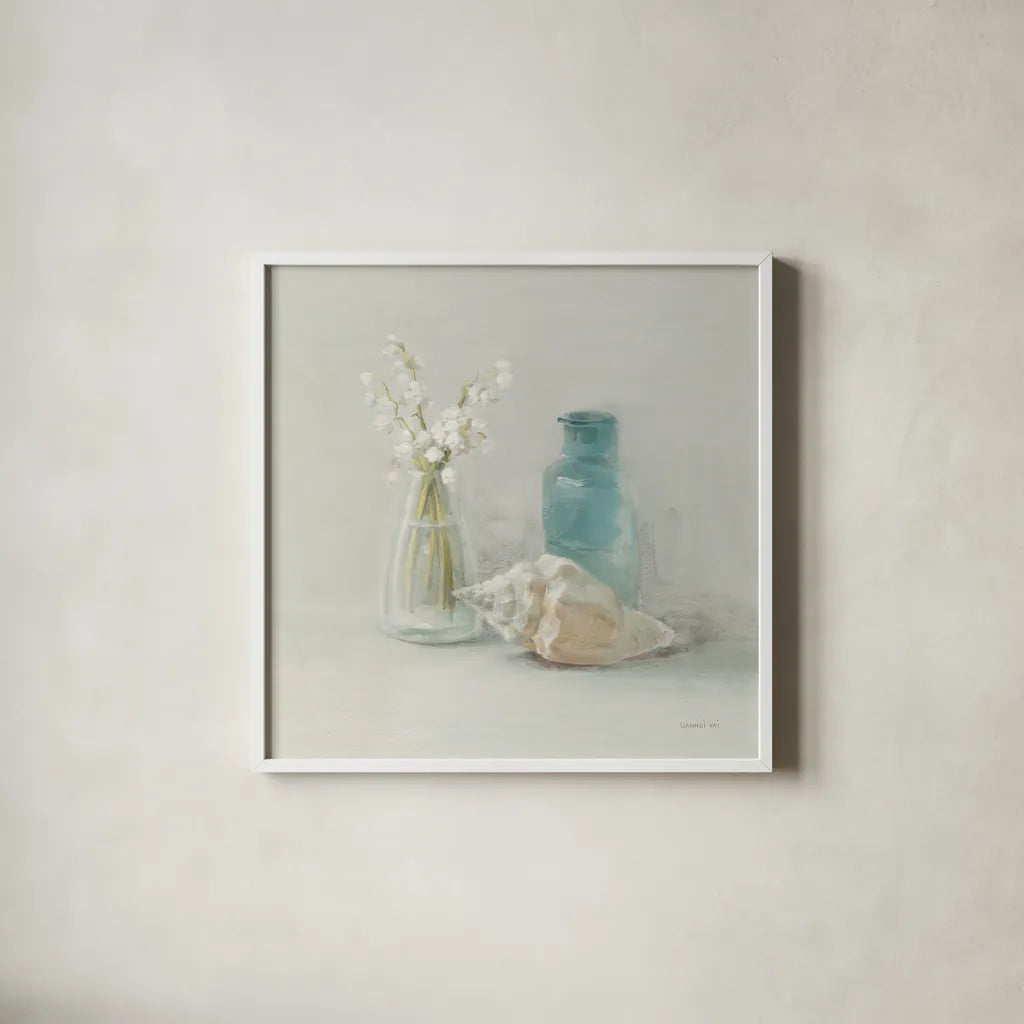 Light Lily of the Valley Spa by Danhui Nai. Shown in a crisp white glass frame for a clean and minimalist style. Available as an archival giclee rolled canvas, fine art paper, or poster print. SKU 54157a.