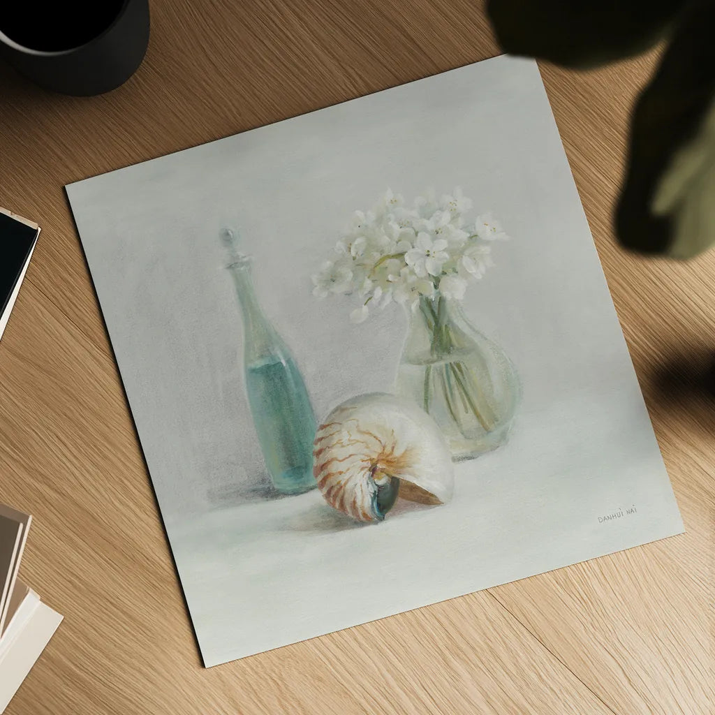 Light White Flower Spa by Danhui Nai. Shown as a detailed flat fine art print, highlighting archival giclee quality. Available as an archival giclee rolled canvas, fine art paper, or poster print. SKU 54156a.