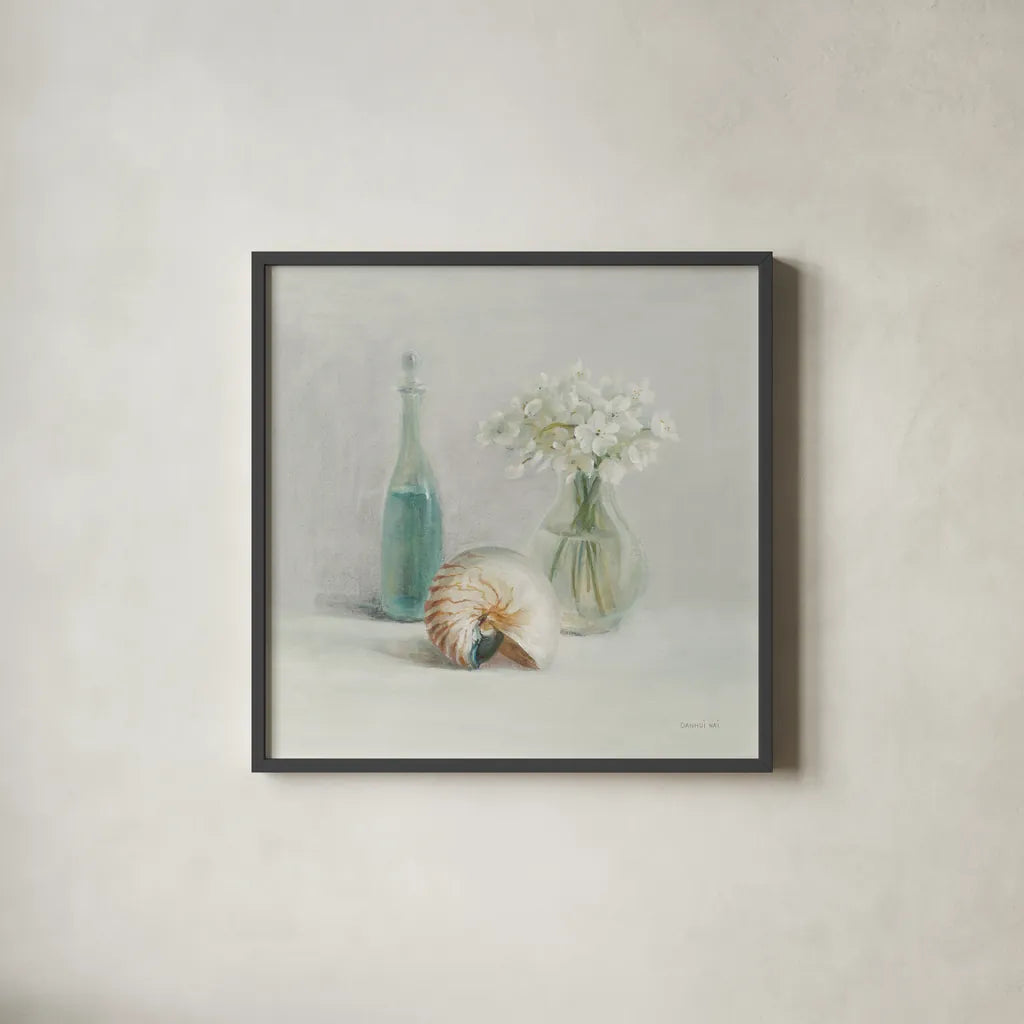 Light White Flower Spa by Danhui Nai. Shown in a sleek black glass frame for a contemporary gallery look. Available as an archival giclee rolled canvas, fine art paper, or poster print. SKU 54156a.