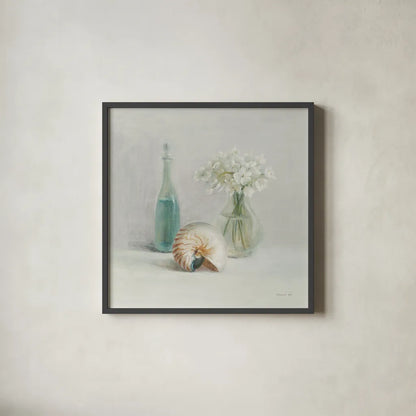Light White Flower Spa by Danhui Nai. Shown in a sleek black glass frame for a contemporary gallery look. Available as an archival giclee rolled canvas, fine art paper, or poster print. SKU 54156a.