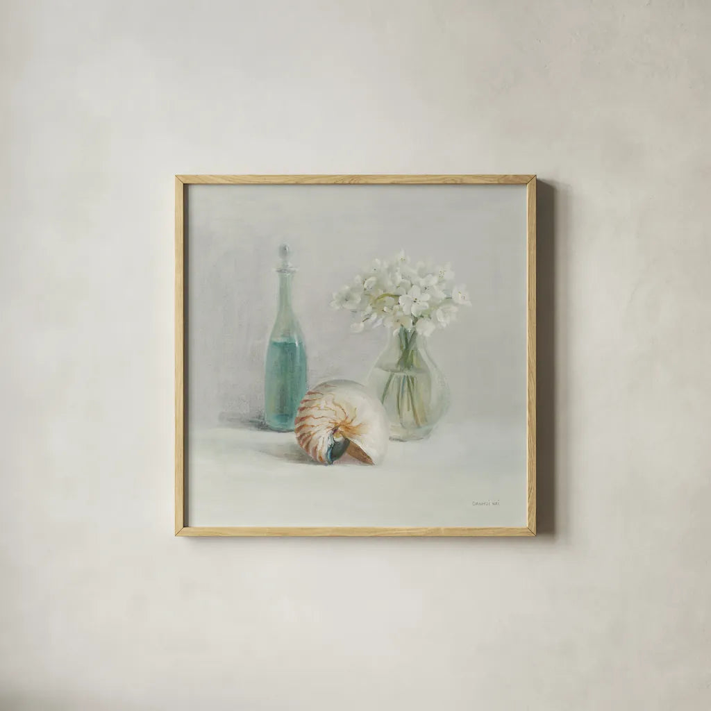 Light White Flower Spa by Danhui Nai. Shown in a natural wood glass frame for a timeless modern aesthetic. Available as an archival giclee rolled canvas, fine art paper, or poster print. SKU 54156a.