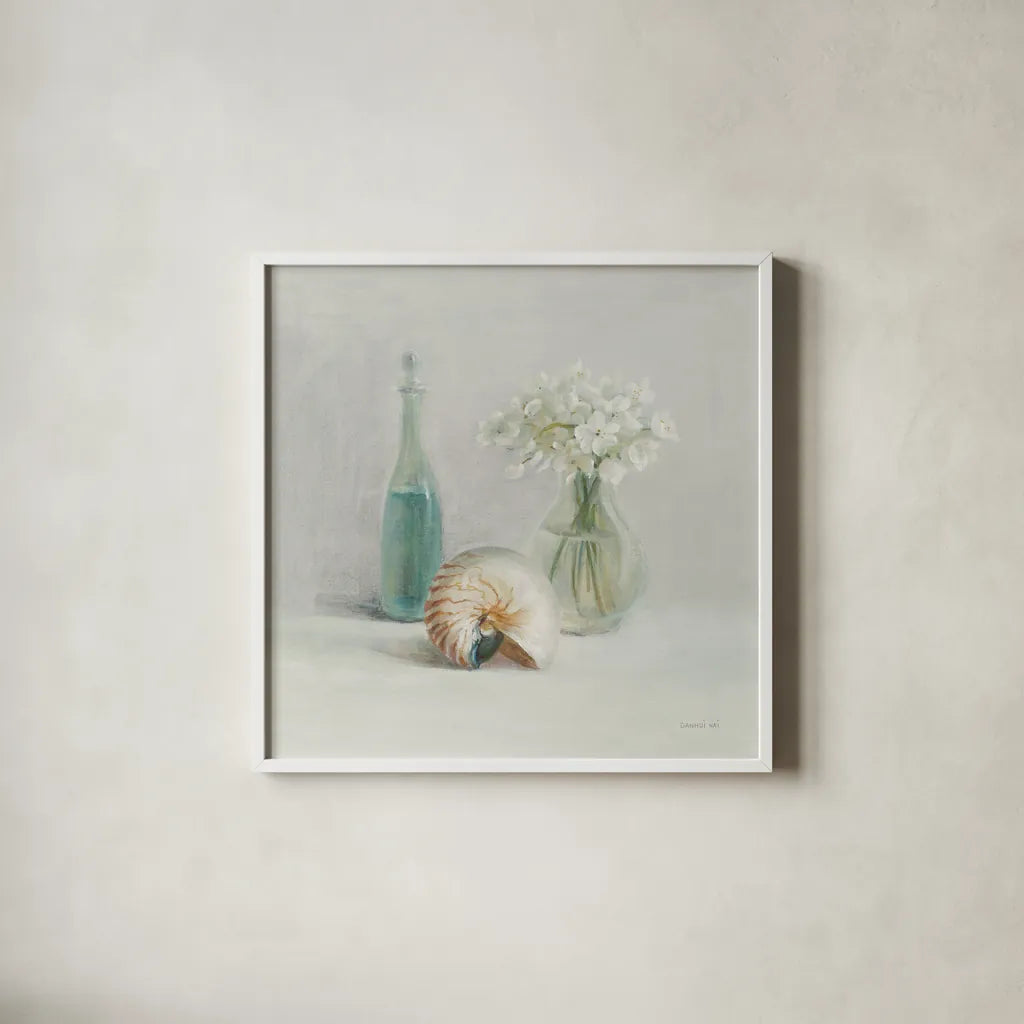 Light White Flower Spa by Danhui Nai. Shown in a crisp white glass frame for a clean and minimalist style. Available as an archival giclee rolled canvas, fine art paper, or poster print. SKU 54156a.
