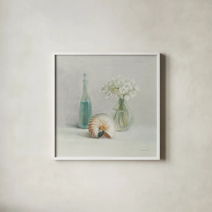Light White Flower Spa by Danhui Nai. Shown in a crisp white glass frame for a clean and minimalist style. Available as an archival giclee rolled canvas, fine art paper, or poster print. SKU 54156a.