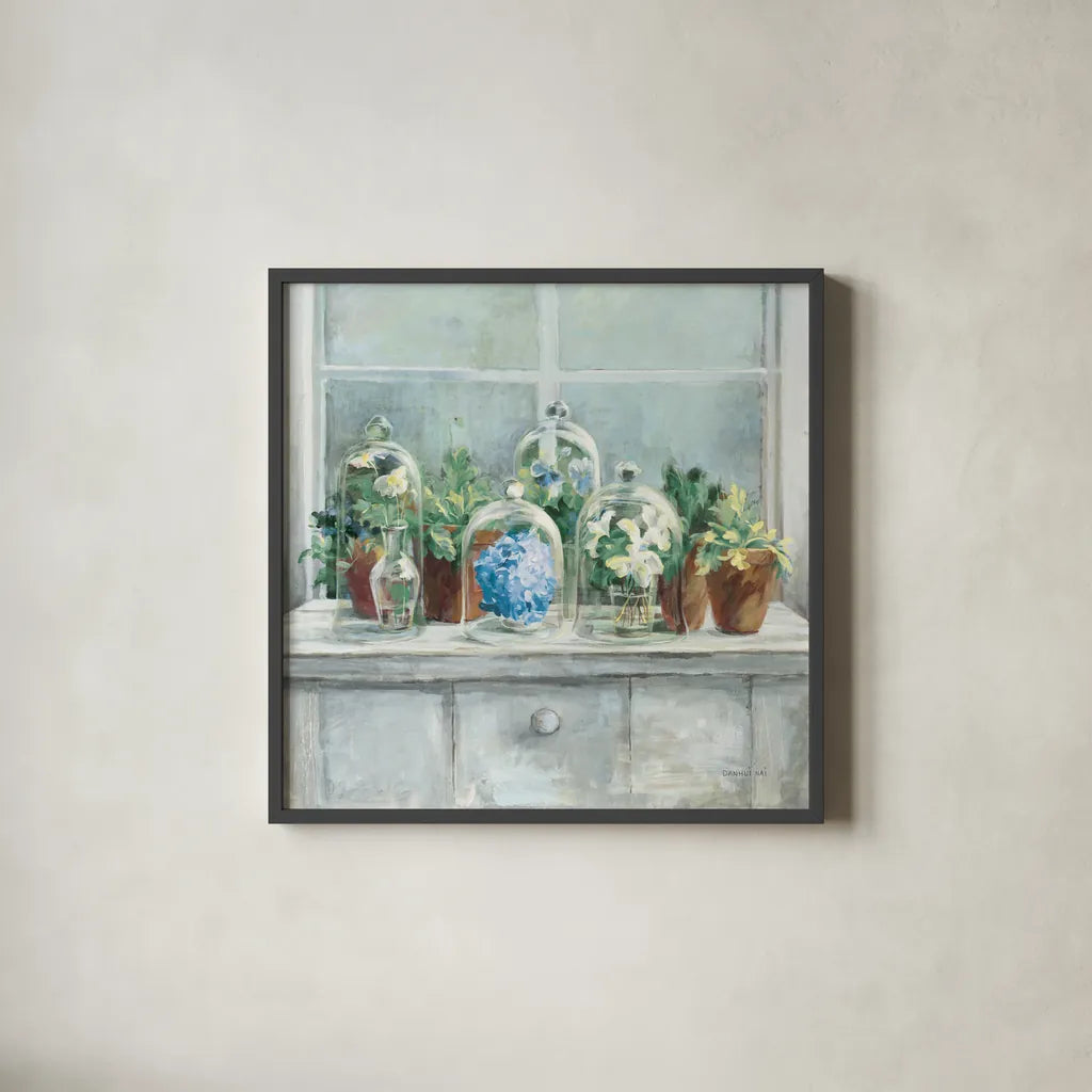 Light Windowsill Vintage by Danhui Nai. Shown in a sleek black glass frame for a contemporary gallery look. Available as an archival giclee rolled canvas, fine art paper, or poster print. SKU 57442a.