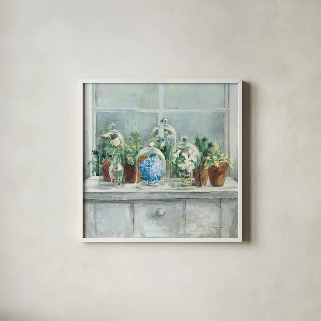 Light Windowsill Vintage by Danhui Nai. Shown in a crisp white glass frame for a clean and minimalist style. Available as an archival giclee rolled canvas, fine art paper, or poster print. SKU 57442a.