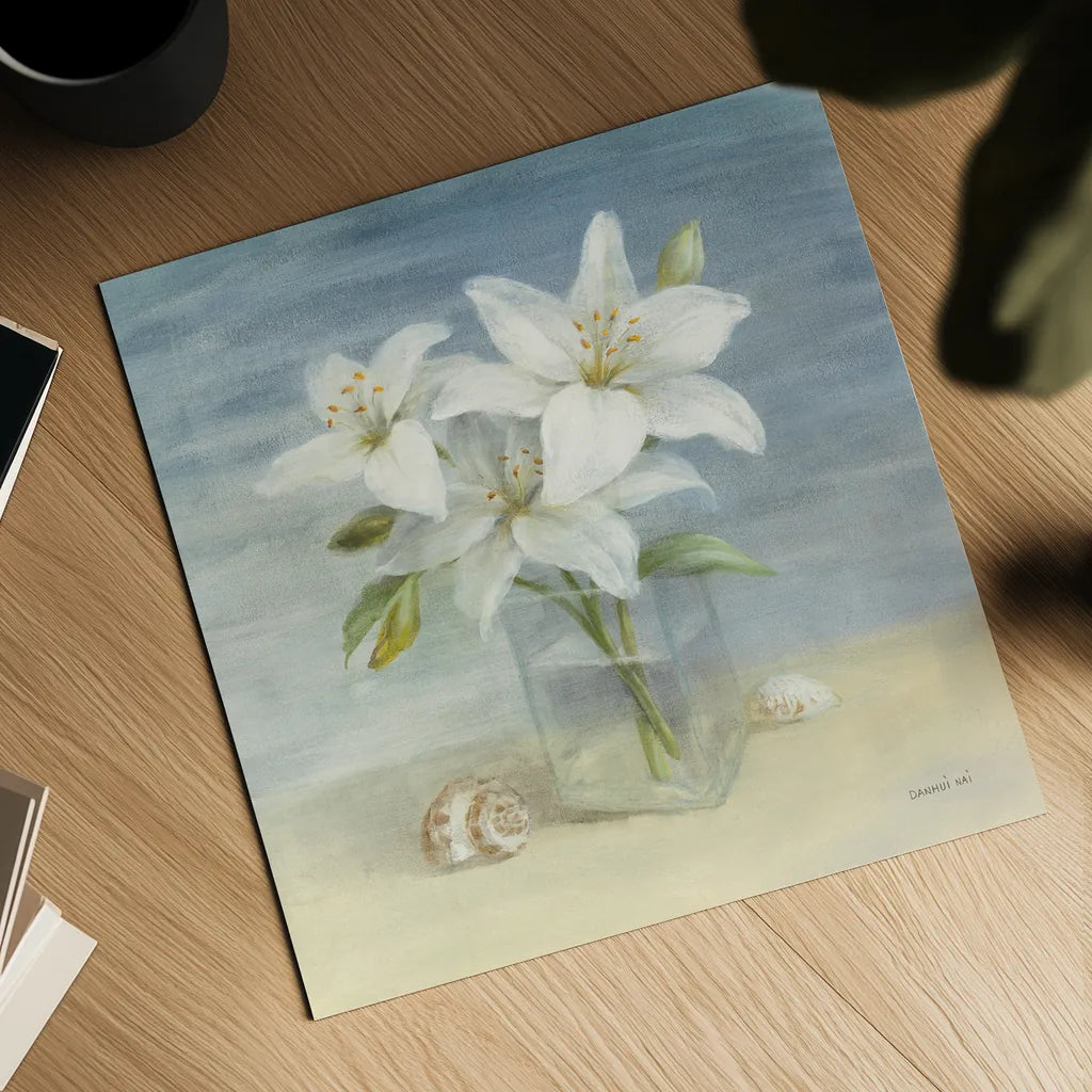 Lilies and Shells by Danhui Nai. Shown as a detailed flat fine art print, highlighting archival giclee quality. Available as an archival giclee rolled canvas, fine art paper, or poster print. SKU 2903a.