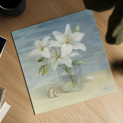 Lilies and Shells by Danhui Nai. Shown as a detailed flat fine art print, highlighting archival giclee quality. Available as an archival giclee rolled canvas, fine art paper, or poster print. SKU 2903a.