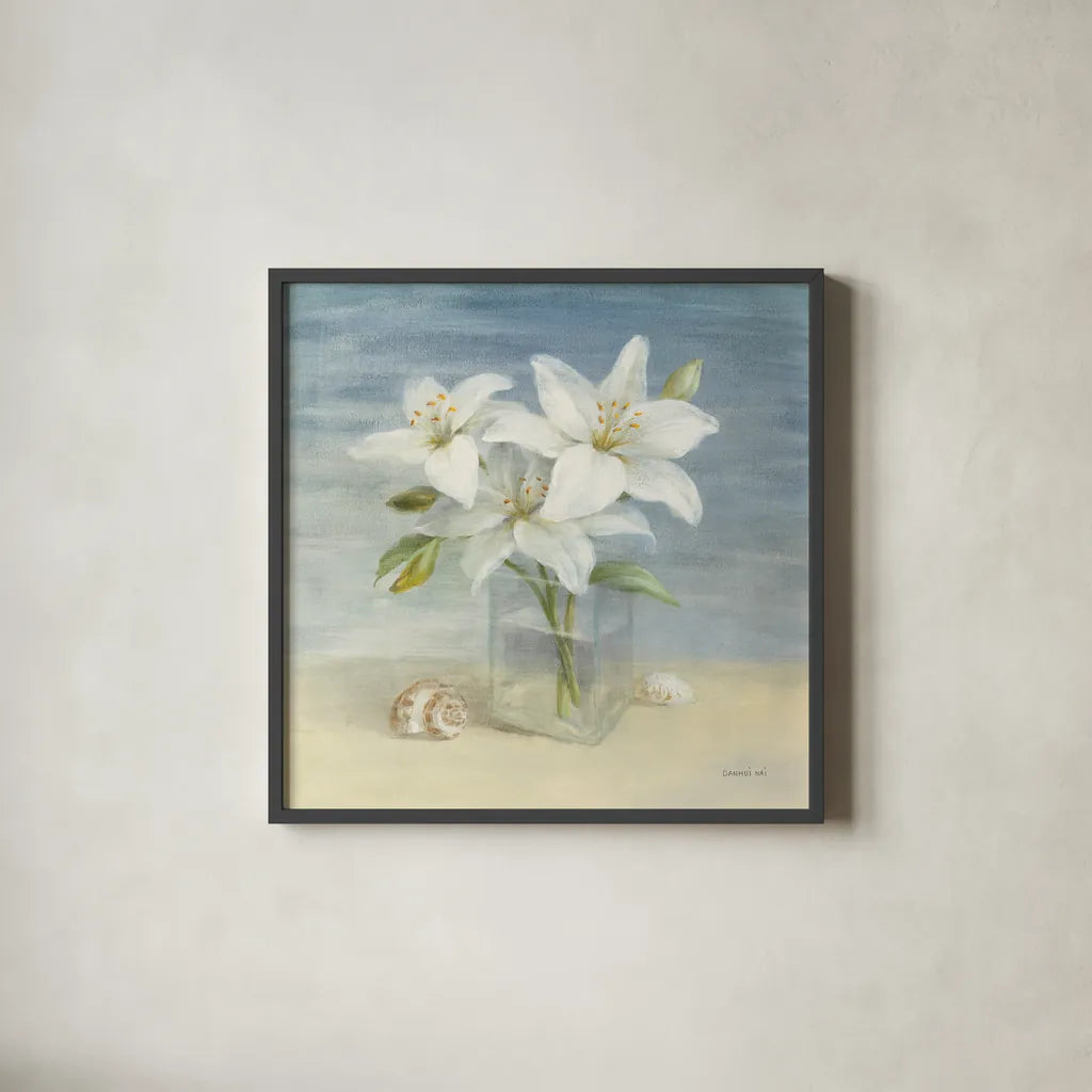 Lilies and Shells by Danhui Nai. Shown in a sleek black glass frame for a contemporary gallery look. Available as an archival giclee rolled canvas, fine art paper, or poster print. SKU 2903a.