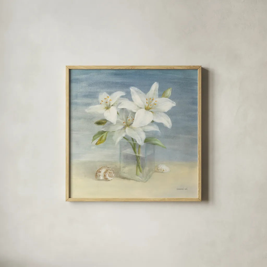 Lilies and Shells by Danhui Nai. Shown in a natural wood glass frame for a timeless modern aesthetic. Available as an archival giclee rolled canvas, fine art paper, or poster print. SKU 2903a.