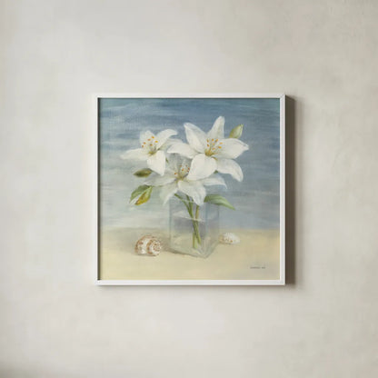 Lilies and Shells by Danhui Nai. Shown in a crisp white glass frame for a clean and minimalist style. Available as an archival giclee rolled canvas, fine art paper, or poster print. SKU 2903a.