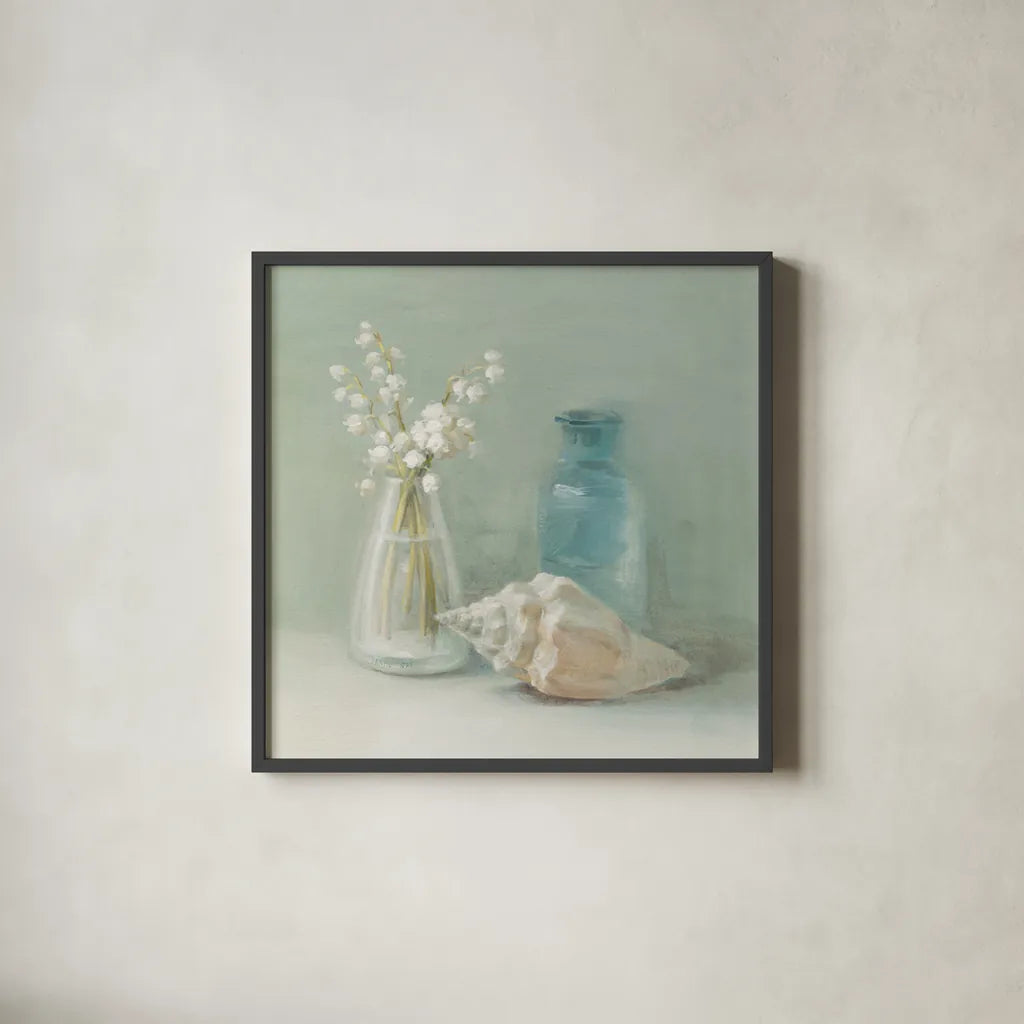 Lily of the Valley Spa by Danhui Nai. Shown in a sleek black glass frame for a contemporary gallery look. Available as an archival giclee rolled canvas, fine art paper, or poster print. SKU 5598a.