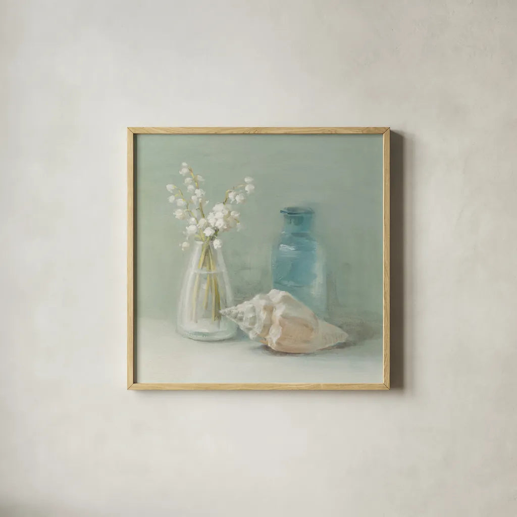 Lily of the Valley Spa by Danhui Nai. Shown in a natural wood glass frame for a timeless modern aesthetic. Available as an archival giclee rolled canvas, fine art paper, or poster print. SKU 5598a.