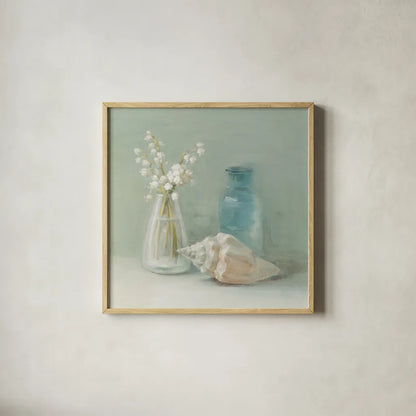 Lily of the Valley Spa by Danhui Nai. Shown in a natural wood glass frame for a timeless modern aesthetic. Available as an archival giclee rolled canvas, fine art paper, or poster print. SKU 5598a.