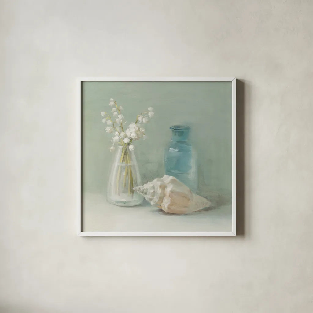 Lily of the Valley Spa by Danhui Nai. Shown in a crisp white glass frame for a clean and minimalist style. Available as an archival giclee rolled canvas, fine art paper, or poster print. SKU 5598a.