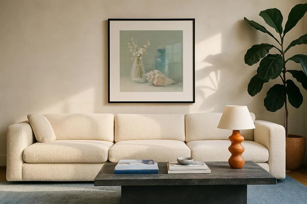 Lily of the Valley Spa by Danhui Nai. Displayed in a glass frame with matte in a clean modern living room. Available as an archival giclee rolled canvas, fine art paper, or poster print. SKU 5598a.