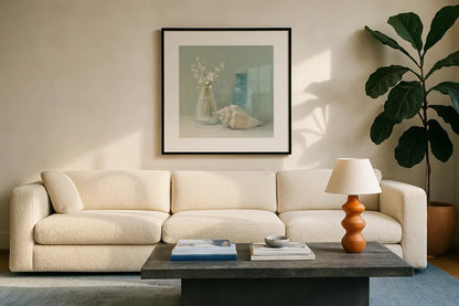 Lily of the Valley Spa by Danhui Nai. Displayed in a glass frame with matte in a clean modern living room. Available as an archival giclee rolled canvas, fine art paper, or poster print. SKU 5598a.