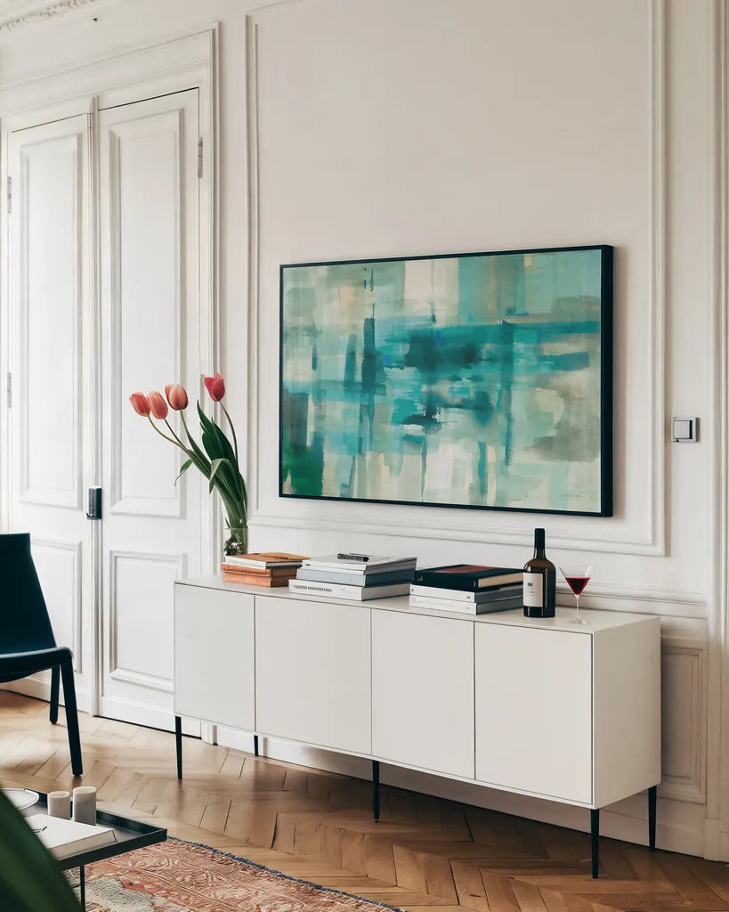 Liquid Structure by Danhui Nai. shown as a framed stretched canvas in a living room above a console. Available as a archival giclee rolled canvas, fine art paper, or poster print. SKU 56268i.