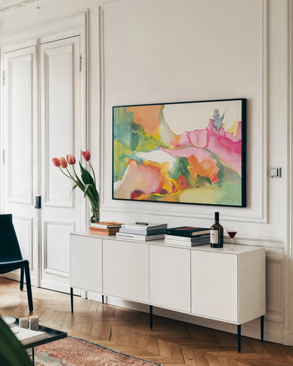 Liquified Crop by Danhui Nai. shown as a framed stretched canvas in a living room above a console. Available as a archival giclee rolled canvas, fine art paper, or poster print. SKU 64172i.