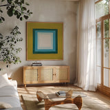 Looking Out by Danhui Nai. Shown in a natural wood frame in a cozy modern living room. Available as an archival giclee rolled canvas, fine art paper, or poster print. SKU 85830a.
