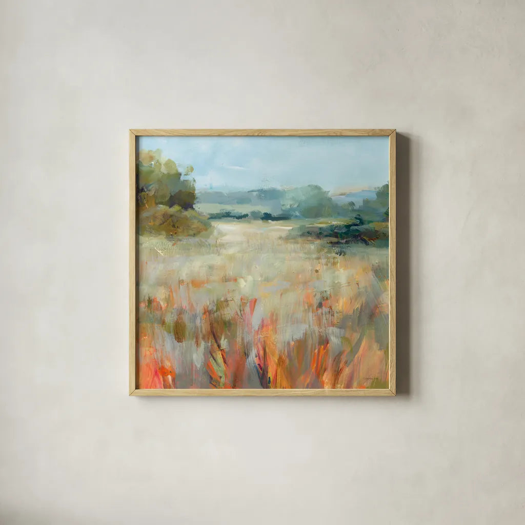 Lost in the Grasses by Danhui Nai. Shown in a natural wood glass frame for a timeless modern aesthetic. Available as an archival giclee rolled canvas, fine art paper, or poster print. SKU 79286a.
