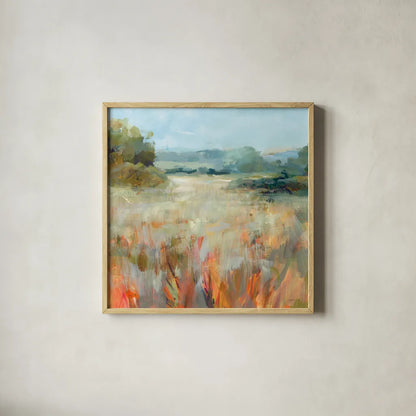 Lost in the Grasses by Danhui Nai. Shown in a natural wood glass frame for a timeless modern aesthetic. Available as an archival giclee rolled canvas, fine art paper, or poster print. SKU 79286a.