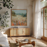 Lost in the Grasses by Danhui Nai. Shown in a natural wood frame in a cozy modern living room. Available as an archival giclee rolled canvas, fine art paper, or poster print. SKU 79286a.