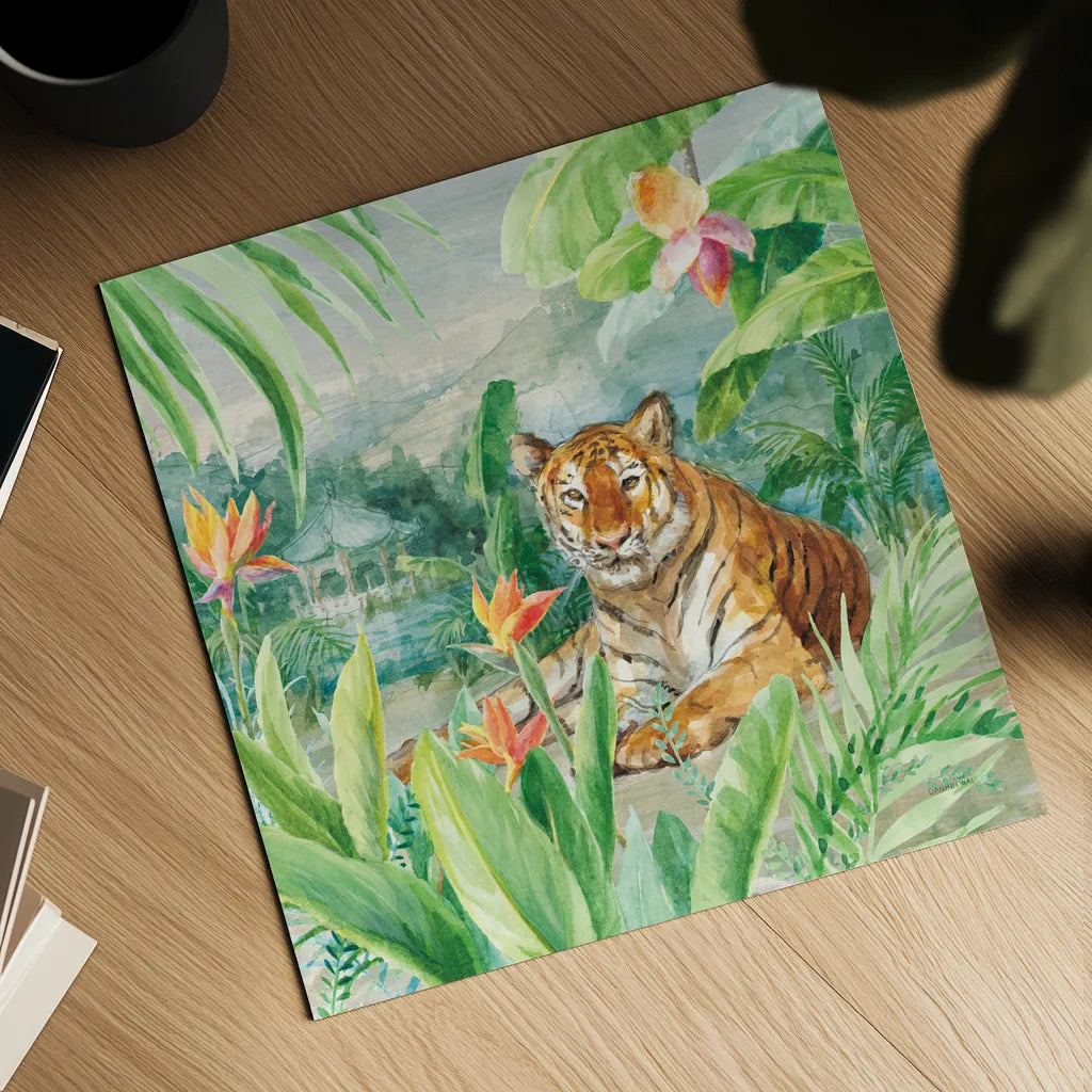 Lounging Tiger by Danhui Nai. Shown as a detailed flat fine art print, highlighting archival giclee quality. Available as an archival giclee rolled canvas, fine art paper, or poster print. SKU 77486a.