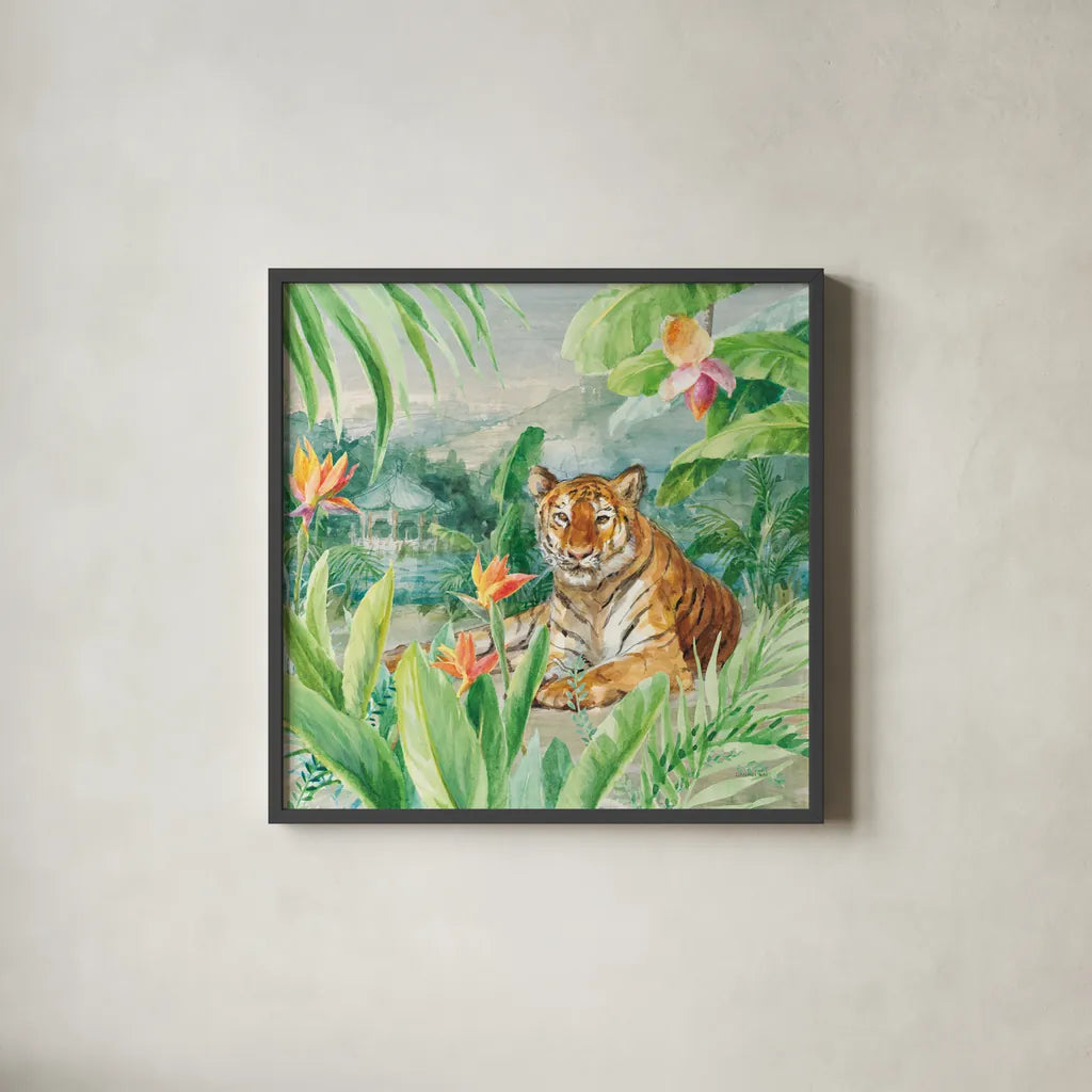 Lounging Tiger by Danhui Nai. Shown in a sleek black glass frame for a contemporary gallery look. Available as an archival giclee rolled canvas, fine art paper, or poster print. SKU 77486a.