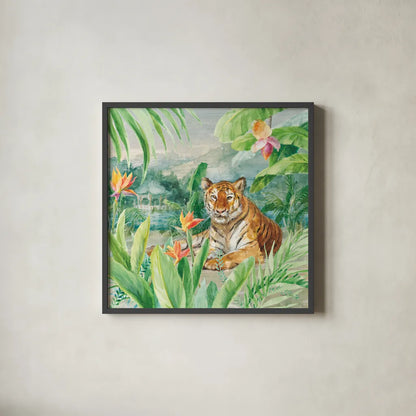 Lounging Tiger by Danhui Nai. Shown in a sleek black glass frame for a contemporary gallery look. Available as an archival giclee rolled canvas, fine art paper, or poster print. SKU 77486a.