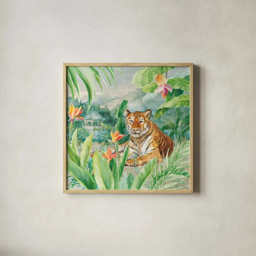 Lounging Tiger by Danhui Nai. Shown in a natural wood glass frame for a timeless modern aesthetic. Available as an archival giclee rolled canvas, fine art paper, or poster print. SKU 77486a.