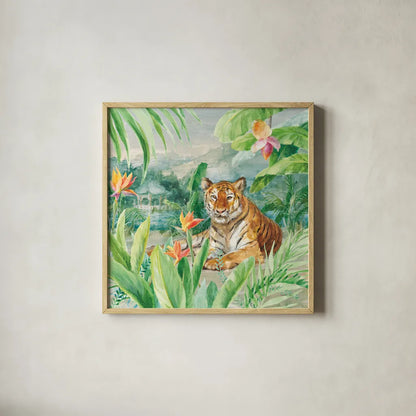 Lounging Tiger by Danhui Nai. Shown in a natural wood glass frame for a timeless modern aesthetic. Available as an archival giclee rolled canvas, fine art paper, or poster print. SKU 77486a.