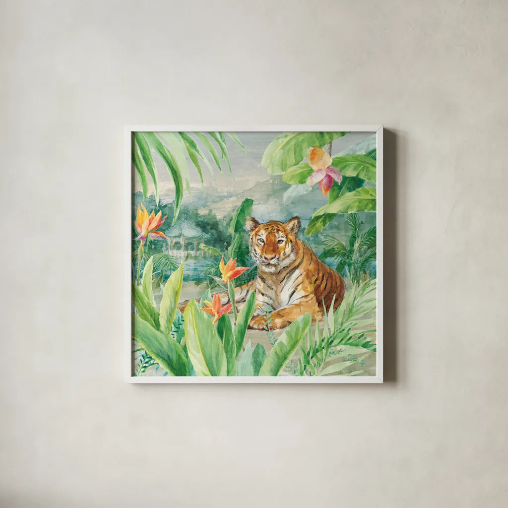 Lounging Tiger by Danhui Nai. Shown in a crisp white glass frame for a clean and minimalist style. Available as an archival giclee rolled canvas, fine art paper, or poster print. SKU 77486a.
