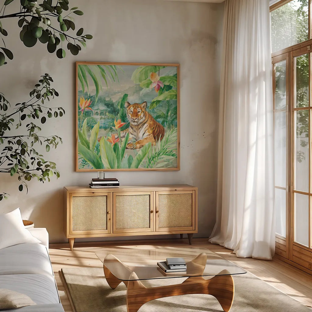 Lounging Tiger by Danhui Nai. Shown in a natural wood frame in a cozy modern living room. Available as an archival giclee rolled canvas, fine art paper, or poster print. SKU 77486a.