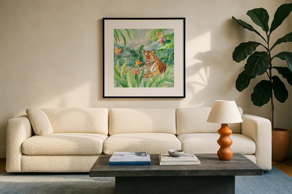 Lounging Tiger by Danhui Nai. Displayed in a glass frame with matte in a clean modern living room. Available as an archival giclee rolled canvas, fine art paper, or poster print. SKU 77486a.