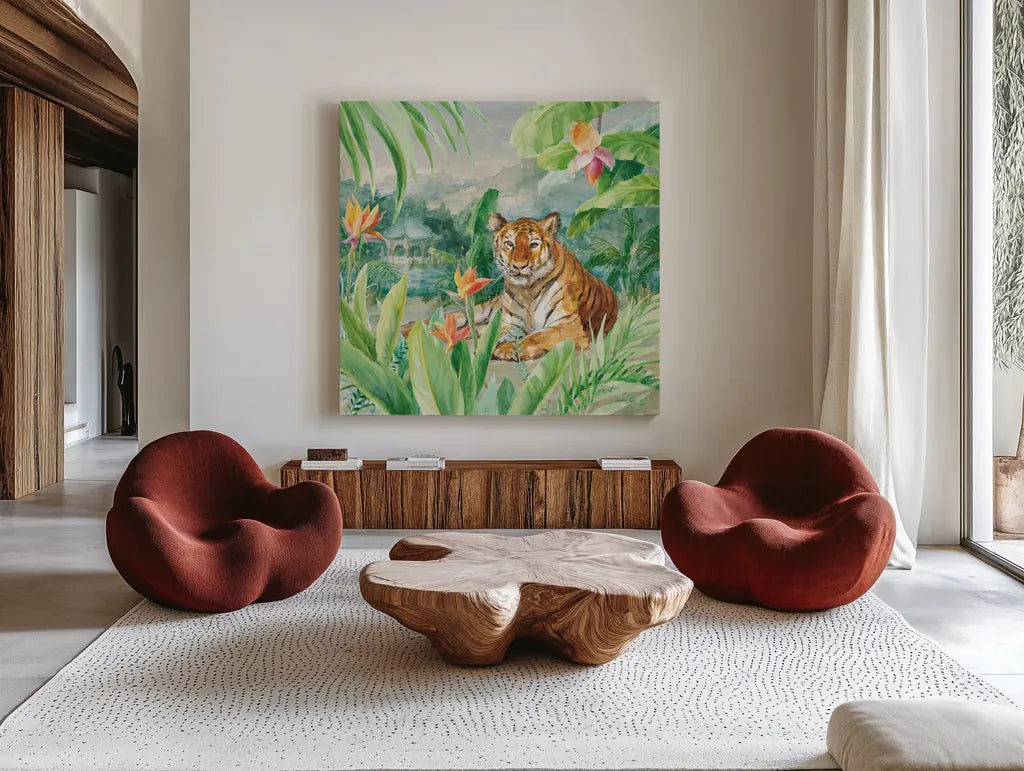 Lounging Tiger by Danhui Nai. Shown as extra-large giant wall art in a modern living room. Available as an archival giclee rolled canvas, fine art paper, or poster print. SKU 77486a.