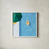 Lounging by the Pool by Danhui Nai. Shown in a crisp white glass frame for a clean and minimalist style. Available as an archival giclee rolled canvas, fine art paper, or poster print. SKU 102678a.