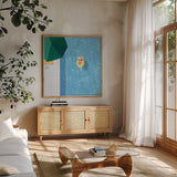 Lounging by the Pool by Danhui Nai. Shown in a natural wood frame in a cozy modern living room. Available as an archival giclee rolled canvas, fine art paper, or poster print. SKU 102678a.