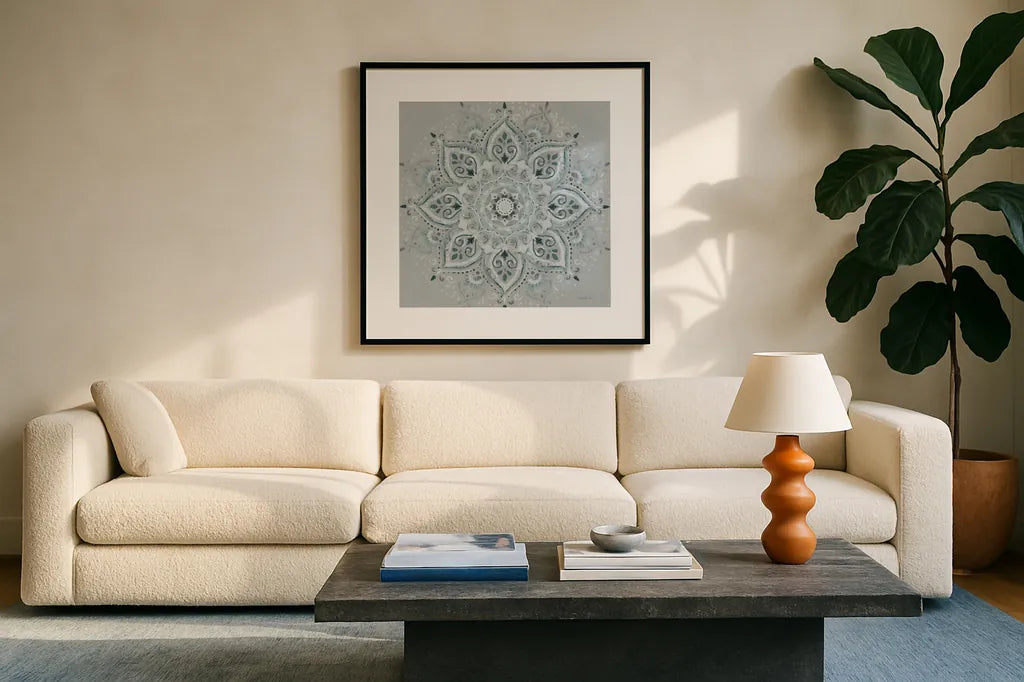 Lunar Embrace I by Danhui Nai. Displayed in a glass frame with matte in a clean modern living room. Available as an archival giclee rolled canvas, fine art paper, or poster print. SKU 90793a.