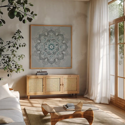 Lunar Embrace II by Danhui Nai. Shown in a natural wood frame in a cozy modern living room. Available as an archival giclee rolled canvas, fine art paper, or poster print. SKU 90794a.