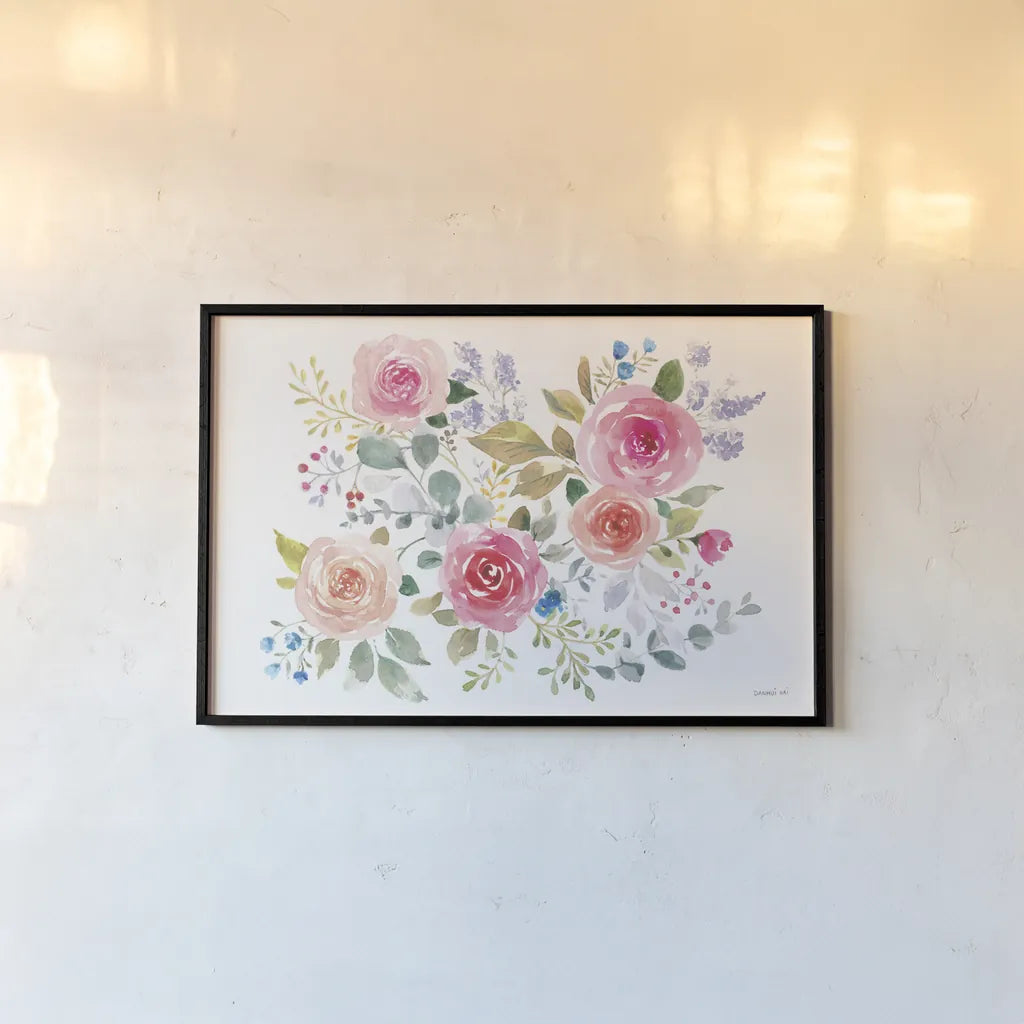 Lush Roses II Horizontal by Danhui Nai. shown as a paper print in a black flame. Available as a archival giclee rolled canvas, fine art paper, or poster print. SKU 68819i.