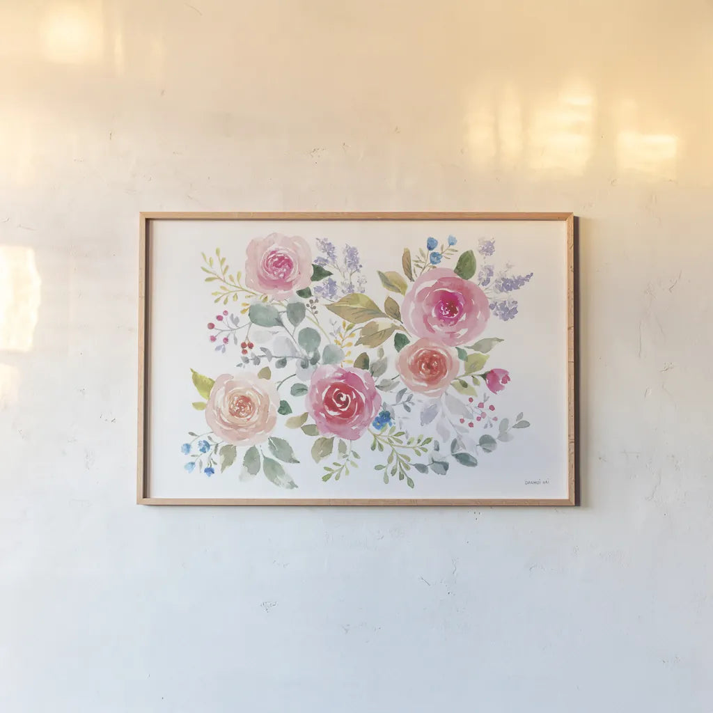 Lush Roses II Horizontal by Danhui Nai. shown as a paper print in a natural frame. Available as a archival giclee rolled canvas, fine art paper, or poster print. SKU 68819i.