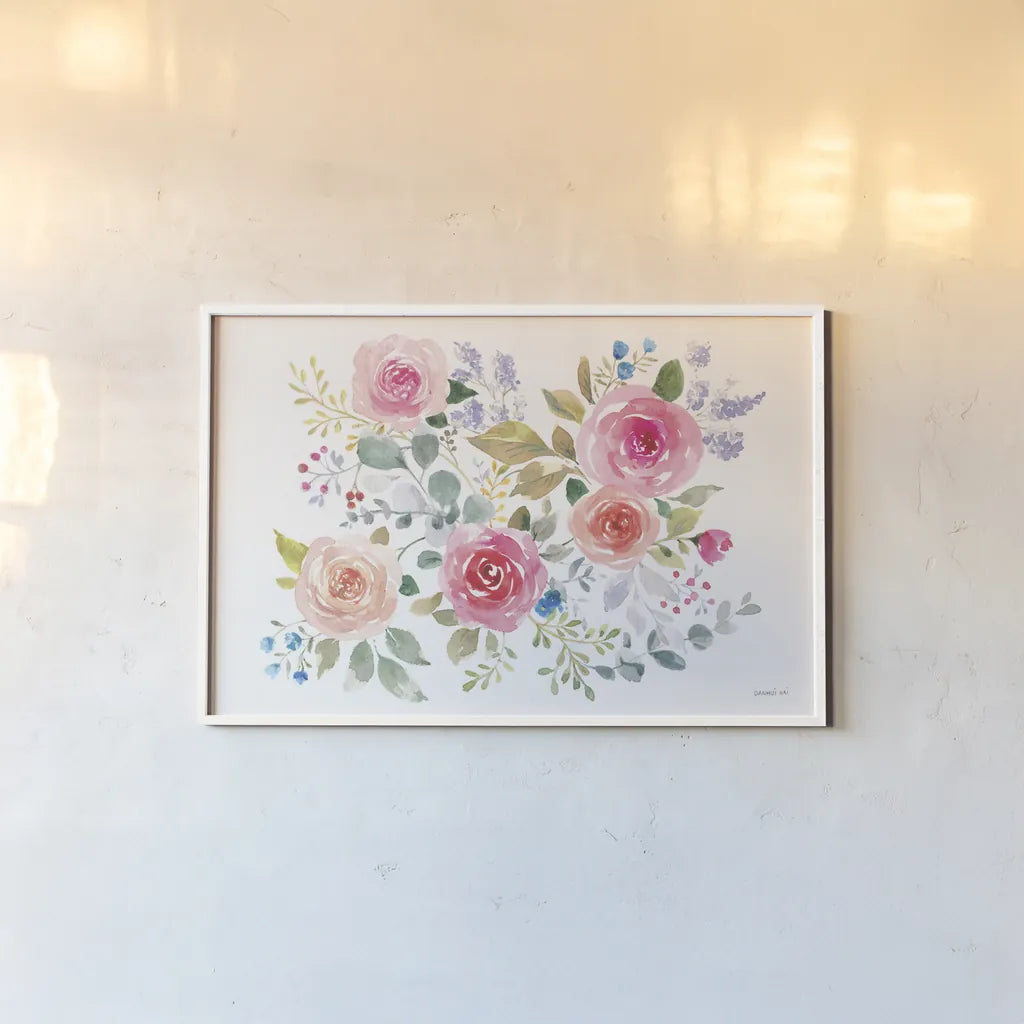 Lush Roses II Horizontal by Danhui Nai. shown as a paper print in a white frame. Available as a archival giclee rolled canvas, fine art paper, or poster print. SKU 68819i.