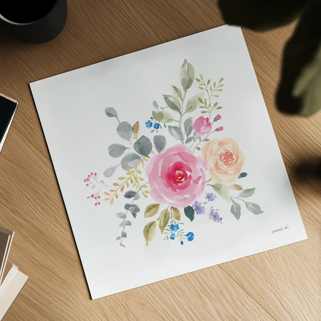 Lush Roses III by Danhui Nai. Shown as a detailed flat fine art print, highlighting archival giclee quality. Available as an archival giclee rolled canvas, fine art paper, or poster print. SKU 68815a.