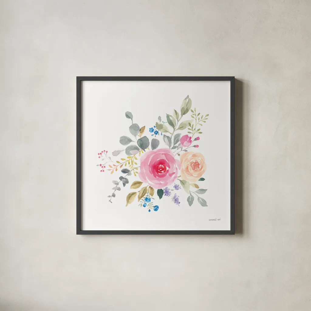 Lush Roses III by Danhui Nai. Shown in a sleek black glass frame for a contemporary gallery look. Available as an archival giclee rolled canvas, fine art paper, or poster print. SKU 68815a.