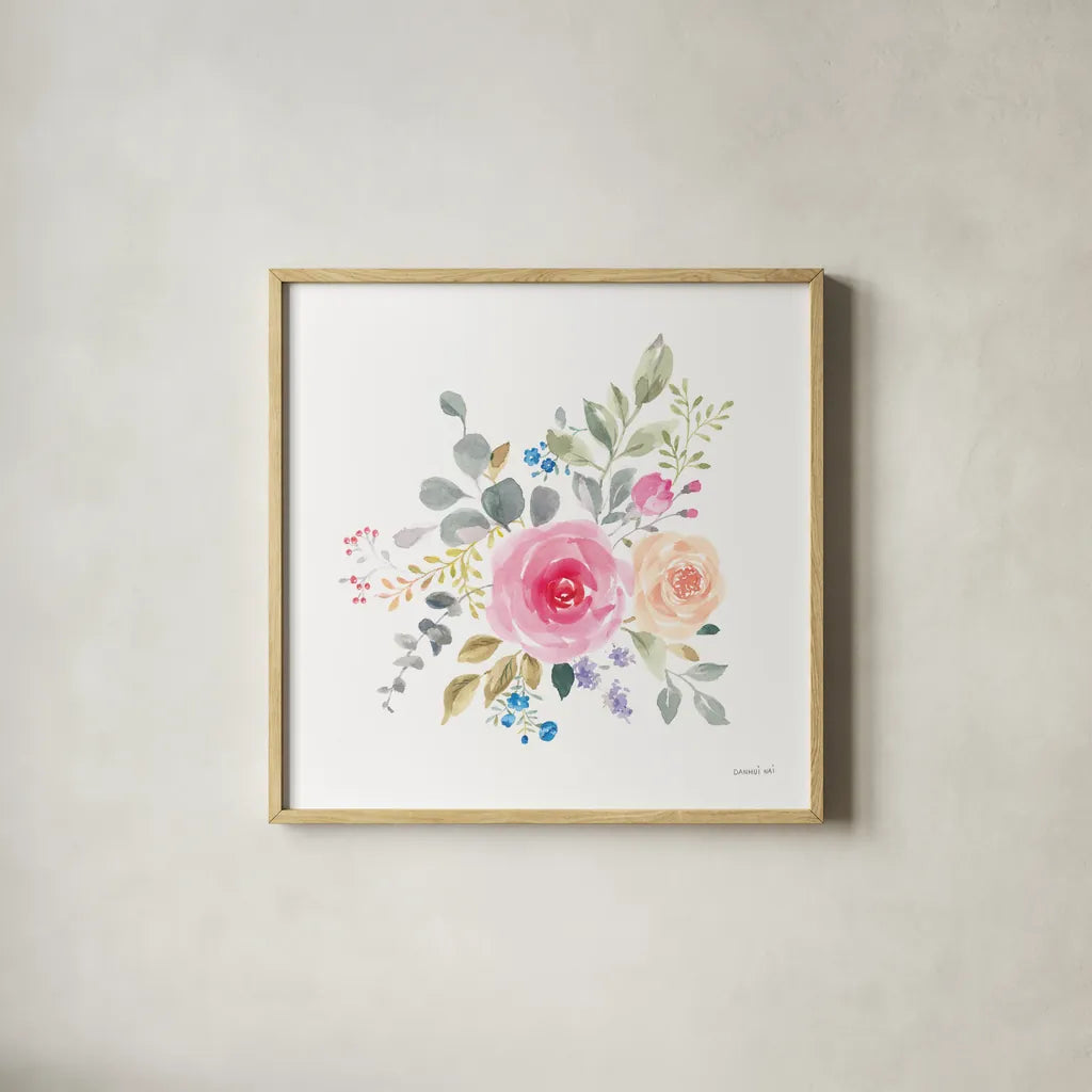 Lush Roses III by Danhui Nai. Shown in a natural wood glass frame for a timeless modern aesthetic. Available as an archival giclee rolled canvas, fine art paper, or poster print. SKU 68815a.